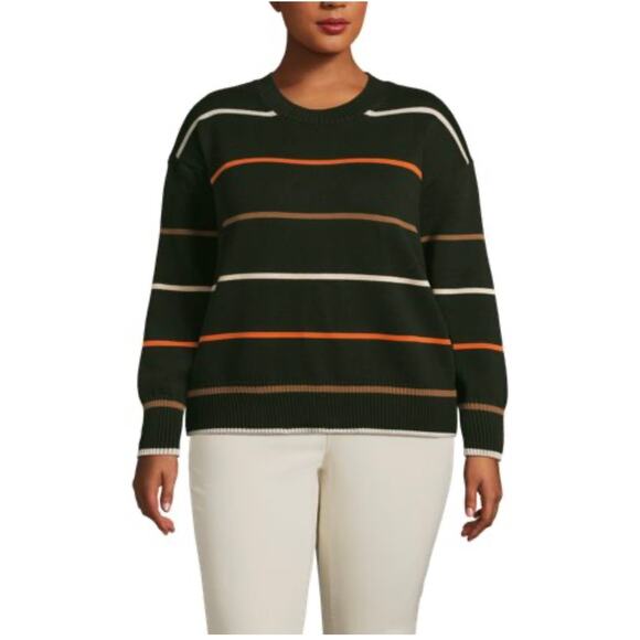 Land’s End Women's Plus Size Drifter Easy Fit Sweater 14-16 Striped Green Cotton - Picture 4 of 7